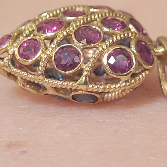 14k gold puff heart pendent filigree reversible Saphires & Rubies 15" 14k chain - Picture 3 of 10